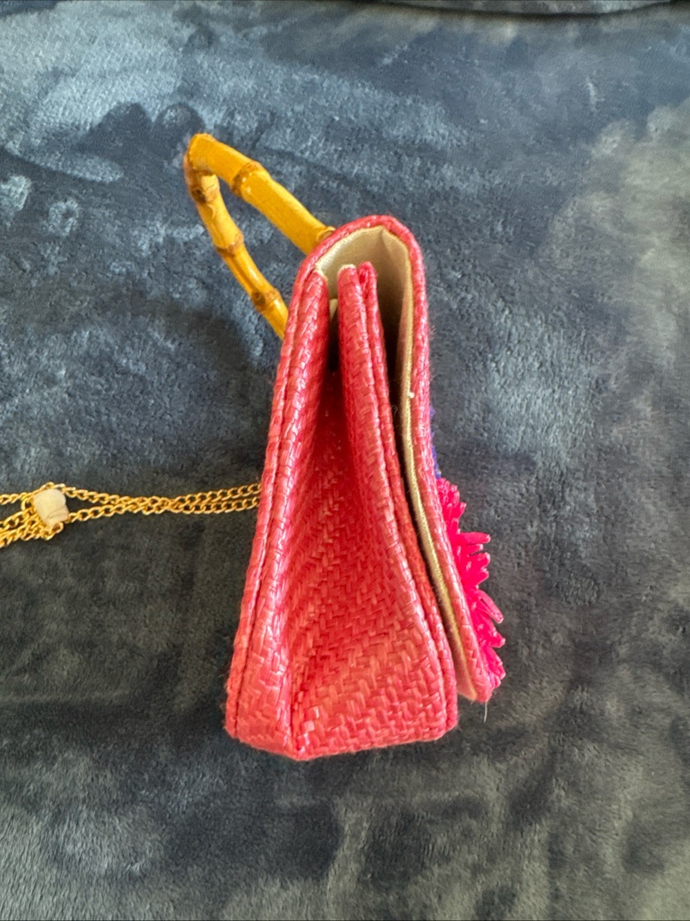 New Haute Hippie Straw Flowers Bamboo Handle Purse Shoulder Crossbody Chain NWT - Picture 6 of 16